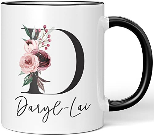 JUNIWORDS Tasse, Daryl-Lai, Name Anfangsbuchstabe Initial Alphabet Floral Buchstabe D Monogramm Motiv, Schwarz (5563680)