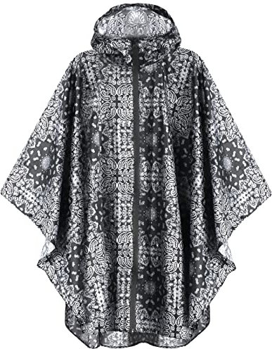 ANYOO Wasserdicht Radfahren Regen Poncho Portable Leichte Regenjacke Mit Kapuze Fahrrad Compact Regen Cape Wiederverwendbare Unisex für Backpacking Camping Outdoors,Schwarze Blume,Einheitsgröße