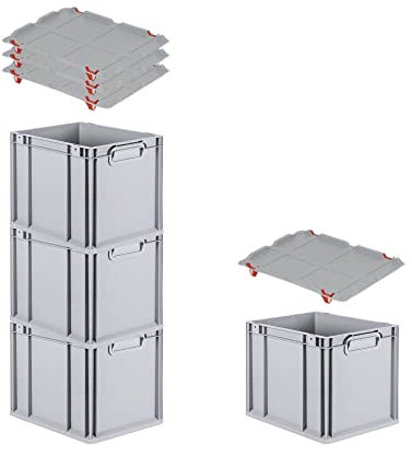 PROREGAL SuperSparSet 4x Eurobox NextGen Grip mit Auflagedeckel & 4 roten Schiebeschnappverschlüssen, HxBxT 32x30x40cm, 30 L, Grau, Griffe geschlossen, Eurobehälter, Transportbox