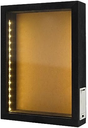 hvfun Scatola per ombre in legno rustico nero con luci, vetrina illuminata a LED per tappi per vino, cartoline ed espositori creativi, presentazioni artistiche