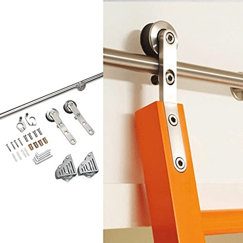 JUNNIU 6,6ft-13ft Edelstahl-Schiebetür-Komplettset mit Beschlägen (ohne Leiter) für Zuhause/Innenraum/Loft, Rundrohr-Mobile-Leiterschiene mit Bodenrollenrädern (Größe: 244 cm-2) Decoration