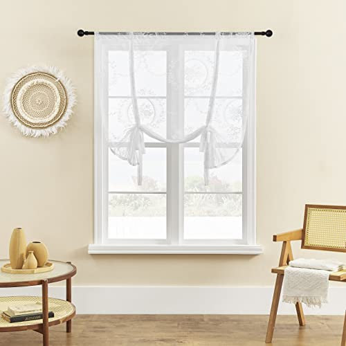 ele ELEOPTION Roman Tie-up Blind Curtain Sheer Lace Window Voile Tier Curtain for Bedroom, Living Room, Kitchen, Small Window (White, 100x120cm)