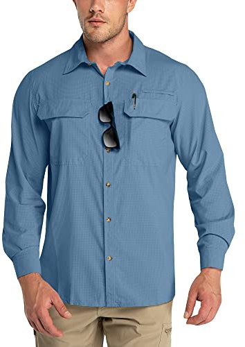 Outdoor Ventures Men's Long Sleeve Shirts UV Protection Outdoor Shirts Breathable Button-Down Shirt Wicking Quick Drying Safari Shirt with Pockets for Hiking Fishing Golfing, Bluestone, L