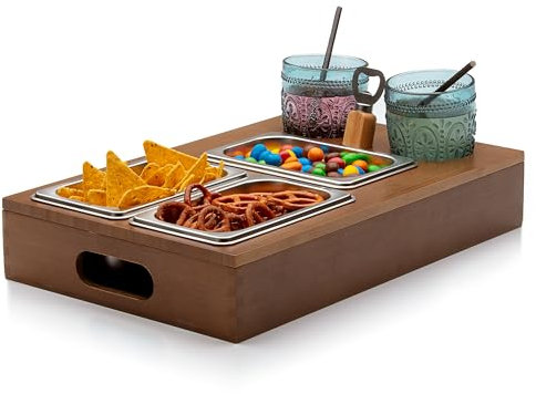 Couchbar Snachbox - Bandeja para sofá – Tres cuencos para patatas fritas y aperitivos – Soporte para bebidas – Bandeja con bandeja de madera (bambú) como mayordomo para sofá o cama – Organizador de