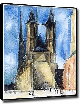 JZSDGB Leinwandbild-Lyonel Feininger Poster und Kunstdruck Bild-Berühmte Leinwand Gemälde Reproduktionen-Marktkirche in Halle, 1930 Druck auf Leinwand60x80cm(24x31in) schwarzer Rahmen