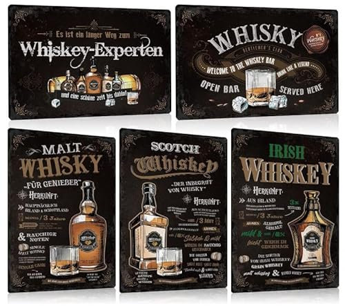 5er Set Retro Whisky Rezepte Blechschild 20x30cm - Whiskey Bar Schild Zubehör Dekoration - Metallschild Geschenk für Männer Whiskey Liebhaber Pub Club Partyraum Kellerbar Theke