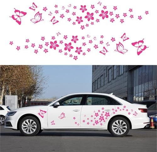 BLAJR Butterfly Floral Pattern Car Sticker DIY Mini Floral Vinyl Sticker For Hood Car Window Doors and Windows Laptop Decal accessories (rose red)74PCS