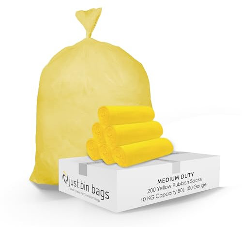 Rubbish Bags 80l Medium Duty Coloured Refuse Sacks Bin Liners – 10 Rolls (20 Bags each) - 100 Gauge, 25 Micron, Weight Capacity 10kg - 45cm x 72cm x 97cm (200 Bags) - Yellow