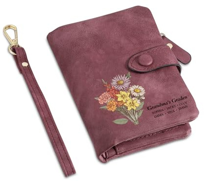 jewelora Portafoglio Donna Personalizzato con Incisioni Nomi Mini Portafoglio Donna con Slot per Carte di Credito e Scomparto per Monete Portafoglio Fiore Nascita per Mamma,Nonna,Moglie