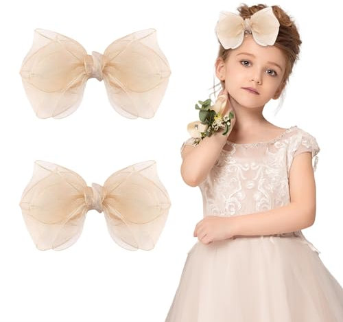 Goiern Lot de 2 barrettes à cheveux pour filles, nœuds en organza de 14 cm, accessoires pour cheveux, pour filles, tout-petits, enfants et adolescents (doré champagne)