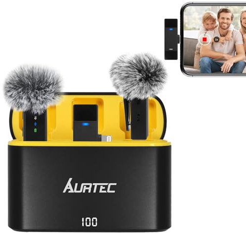 AURTEC Wireless Lavalier Microphone with Charging Case for iPhone, iPad with Lightning Port, Set of 2, Plug & Play, 100 Ft Range, Noise Cancellation and Large Battery
