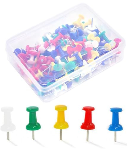 Uskerb Coloured Push Pins – 100 Drawing Pins with Storage Box – Thumb Tacks for Cork, Notice, and Bulletin Boards – Sturdy, Ideal for Maps, Photos, and More