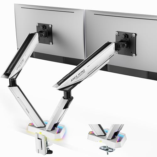 ARES WING Dual 38 Zoll 3440 x 1440 LED-Monitorarm, hält 16 kg, 20 RGB-Beleuchtungseffekte, robuste Dual-Monitorhalterung, 75/100 VESA, Weiß