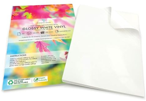 Evergreen Goods A4 White Self-Adhesive Vinyl Sticker Paper | 100 Sheets | Glossy Waterproof PVC | Inkjet & Laser Printable | Perfect for Custom Labels, High-Resolution Stickers & DIY Crafts