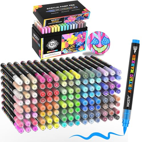 NICETY 120 Colours Acrylic Paint Pens - Brush Paint Markers for Rock Painting Stone Wood - Brush Tip Water Based Acrylic Markers