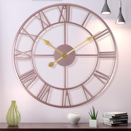 Lafocuse 56cm Orologio da Parete Moderno Grande, Oro Rosa Unico Silenzioso Metallo Numeri Romani Orologi con 2 Paia di Lancette, Design Decorativo per Soggiorno Camera da Letto Ufficio Cucina