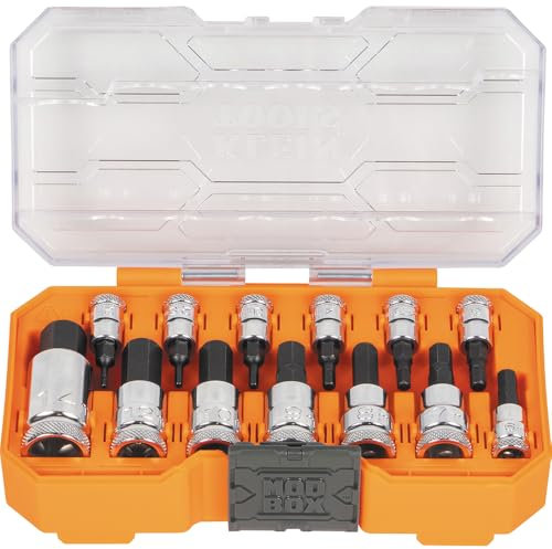Klein Tools 65213HEXM Knurled Hex Bit Socket Set, 1/4, 3/8 and 1/2-Inch Drives, Premium Cr-V Steel, Metric Sizes 2 mm to 14 mm, MODbox Case, 13-Piece