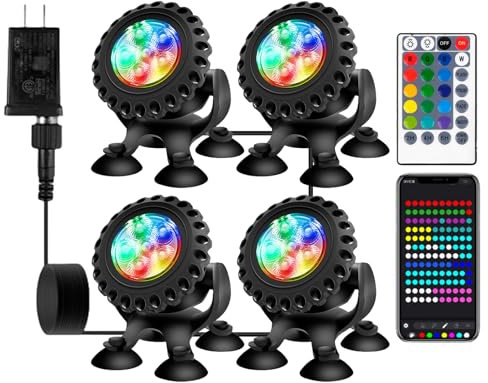 Illuminazione subacquea a LED per laghetto, luce per piscina con telecomando e app Bluetooth, RGB, IP68 impermeabile con ventosa, ideale per piscina, cascata, laghetto da giardino, acquario (4 in 1)