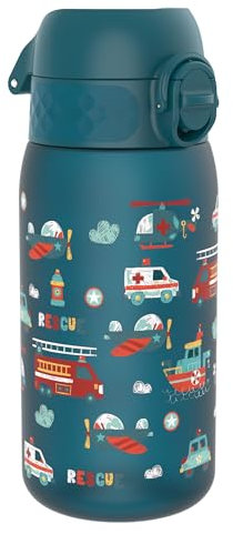Ion8 Kids Water Bottles, 350ml/12oz, BPA Free, Leakproof, Dishwasher Safe, Easy Open, Secure Lock, Small Boys & Girls Water Bottle,Kids Drinks Bottle for Spill-free Drinking, Teal, Rescue Vehicles