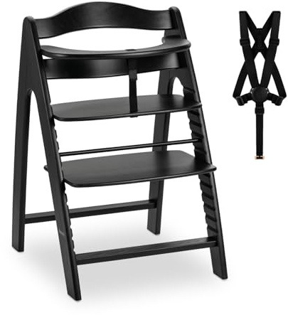 hauck Arketa Holz Hochstuhl Baby mitwachsend bis 130 kg, Blackwashed | 13-fach verstellbare Sitz & Fußplatte, 5-Punkt-Gurt, Schrittgurt, Schutzbügel, robuster Kinderhochstuhl aus Buche