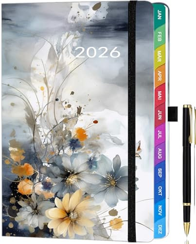 Kalender 2026 A5 Deutsch – Wochenplaner & Terminplaner mit Monatsübersicht, Januar bis Dezember 2026, mit bunten Monatsregistern, farbenfrohen Innenseiten, Innentasche & Stift - Grau