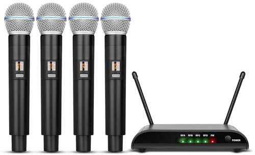 Microfoni wireless per karaoke Depusheng R4-Pro, sistema professionale a 4 canali con microfono palmare, microfono dinamico in metallo per karaoke, chiesa, karaoke a casa, riunioni, feste