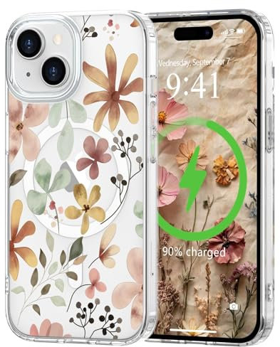 L-FADNUT Magnetisch Handyhülle für iPhone 15 Hülle Kompatibel mit MagSafe, Transparent Blumen Muster Schutzhülle Hart PC Rückseite Dünne Stoßfest Kratzfestes Case für iPhone 15, Braun