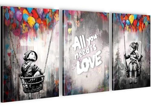 Novart Wandbilder im Banksy-Stil für Kinder - FERTIG ZUM AUFHÄNGEN - Wohnzimmer, Schlafzimmer, Flur Wanddekoration - 3-Bilder 20x30 cm Set Grau - N037430a