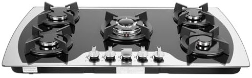 Mermajestic 5 Flammen Gasherd Einbau, Gas Stove mit Automatischer Flammenschutz mit Edelstahloberfläche und Gusseisenrost, 5 Brenner unterschiedlicher Leistung, für Haushalt und Gastronomie