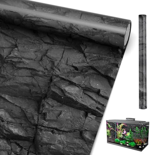Tutamaz Haftender Aquariumhintergrund, Statisch Haftender Aquarium Hintergrund Tapetendekorationen Schwarzer Rock-Stil Hintergrund für Aquarien, 40 * 120CM