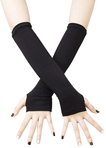 JISEN Women Punk Winter Arm Warmer Knitted Stretchy Soft Fingerless Gloves C-Black