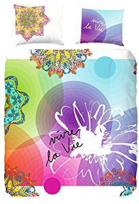 Hip Satin Vivant bettwäsche,weiß mit farbigen Figuren und Text, 100% Baumwolle/Satin-135x200cm, Multi Colour, 200x135x0.5 cm