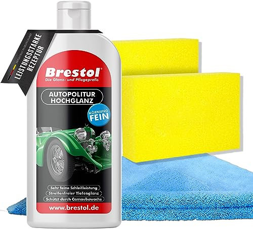 Autopolitur Hochglanz 1x 500ml – Politur Auto mit Langzeitschutz, Poliermittel für Auto für makellosen Fahrzeugglanz, Auto Pflege & Lackpolitur mit Carnaubawachs + 2x Schwamm & Mikrofasertuch