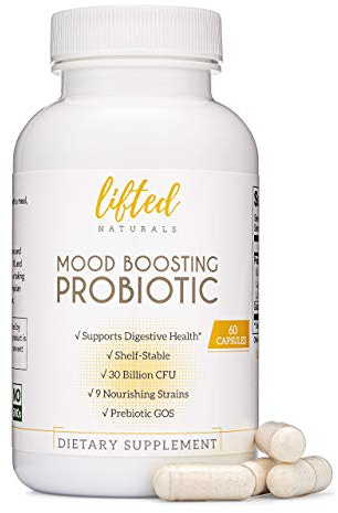 Lifted Naturals Mood Boosting Probiotic 30 Billion CFU - Mood Support Supplement, Prebiotics and Probiotics for Women & Men, Acidophilus Lactobacillus Probiotic, Shelf Stable & Non-GMO, 60 Capsules