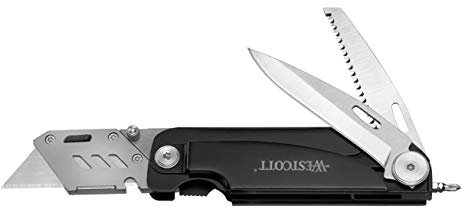 Westcott E-84034 00 Multitool Cutter Multifunktionsmesser, 7, 5 cm Drop-Point Klinge, 7, 5 cm Klappsäge, Schraubenzieher, LED-Licht, Lineal, Metallgriff, Schwarz, 19 cm