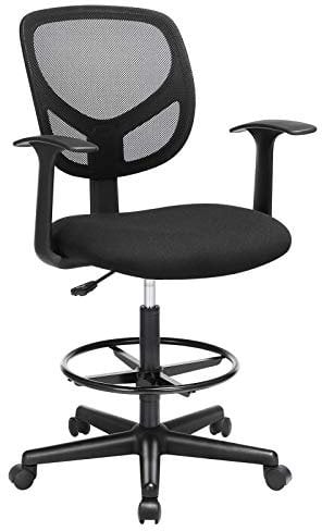 SONGMICS Drafting Stool Chair with Armrest, Mesh Office Chair, Ergonomic Painting Chair with Height Adjustable Footrest, 360° Swivel Task Stool, For Standing Desk, Black OBN25BKUK