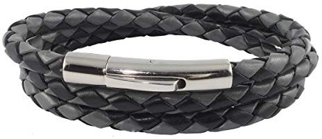 König Design Lederkette Lederband Leder-Armband 4 mm Herren Halskette Schwarz Grau 45 cm lang mit Hebeldruck-Verschluss Silber geflochten