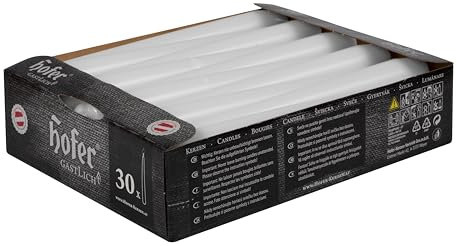 Hofer - Spitzkerzen - Weiß - 2,3 x 25 cm - Set 30 Stabkerzen - Lange Brenndauer 7 Stunden - Unparfümierte Tafelkerzen - Tropfenfrei Leuchterkerzen,Hergestellt in Österreich