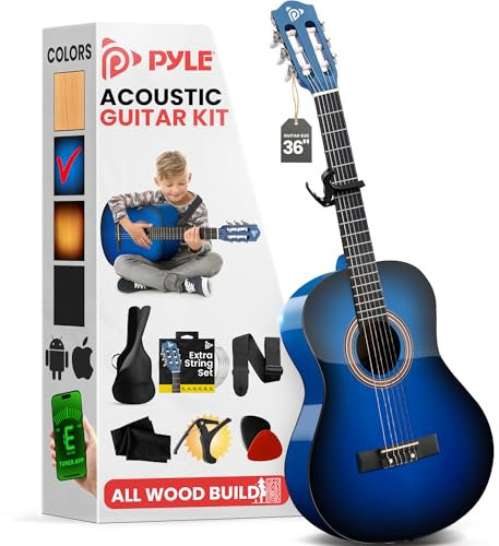 Pyle Guitarra acústica clásica de 91,44 cm – 3/4 Junior, 6 cuerdas de nylon,guitarra de madera de tilo con bolsa de concierto, afinador, púas, correa, para principiantes, adultos, azul desvanecimiento