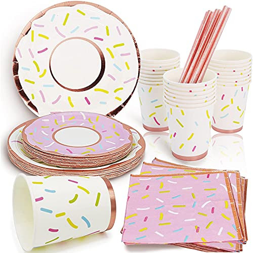 Rosa Donut-Partyzubehör Mädchen Geburtstag Party Abendessen Teller Becher Servietten Strohhalme für Kinder Geburtstag Babyparty Party Nachmittag Tee Party Dekorationen