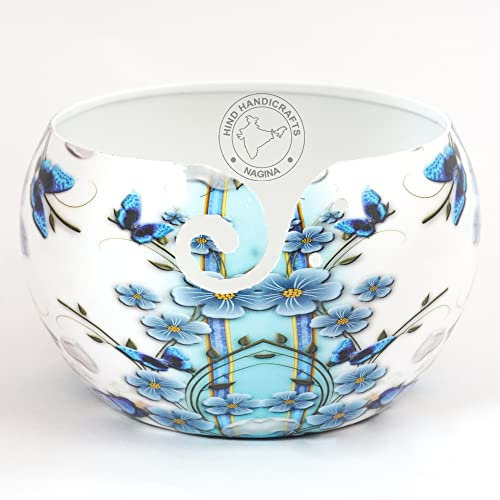 Hind Handicrafts Premium Solid Handmade Crafted Metallic Finish - Aluminum Portable Yarn Storage Bowl - Holder for Knitting Crochet Hook Accessories (7 x 7 x 4, Floral-4)