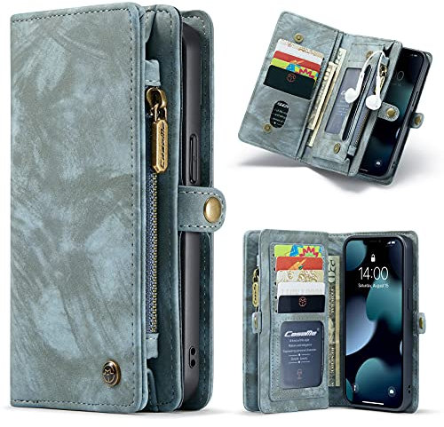SWP Case for iPhone 13, Wallet Case w/Magnetic Detachable Cover [8 Card Slots] Clutch Wallet w/Wristlets Money Pocket for iPhone 13 6.1 (Blue)