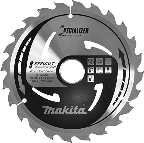 Makita EFFICUT E-12239 Composite Decking Circular Saw Blade Diameter 185 x 1.5 x 30 mm 24 Teeth 15° Tooth Angle for Natural Fibre-Reinforced Plastic e.g. WPC for Cordless Hand Circular Saws