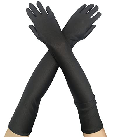 CHEERYMAGIC Long Elbow Satin Gloves, Evening Opera Gloves 1920s Style Dance Fancy Dress Glove for Wedding Prom Opera A4-XNST (Black)