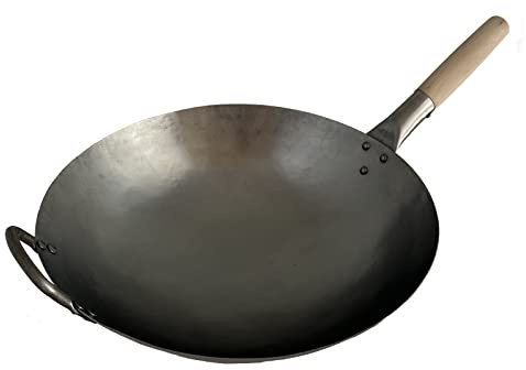 AAF Nommel Wok Pfanne aus Carbonstahl handgehämmert 38 cm Durchmesser mit rundem Boden Doppelgriff