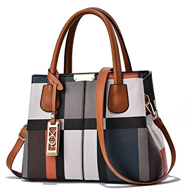 NICOLE & DORIS Mode Handtasche Damen Klassische Handtasche Karierte Tasche PU Leder Schultertasche Henkeltasche Frauen Umhängetasche Designer Tote Bag mit Anhänger Braun