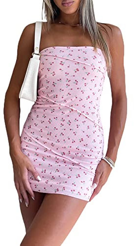 Loalirando Mini Abito Sexy Donna Vestito Corto Senza Spalline Donna Abito Elegante Stampa Floreale Estivo Bodycon Aderente Elastico Donna Vestito da Spiaggia Sera Casual (Rosa, S)