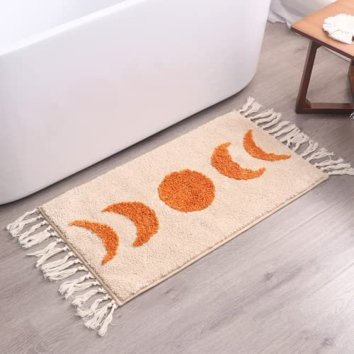 LABEND HOME Boho Badematte Mondphasen Badezimmerteppich mit Quasten – Halbmond Böhmische Teppiche für Badezimmer Schlafzimmer Mondteppich College Wohnheim Zimmer Dekor Boho Area Teppich Beige Neutral