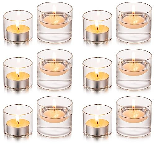 Glasseam Teelichthalter Glas Teelichtgläser Klar Satz von 12, Zylinder Teelichtglas Klein, Modern Votivkerzenhalter für Hochzeit Party Geburtstag, Kerzenhalter Weihnachten für Wohnzimmer Tisch Deko