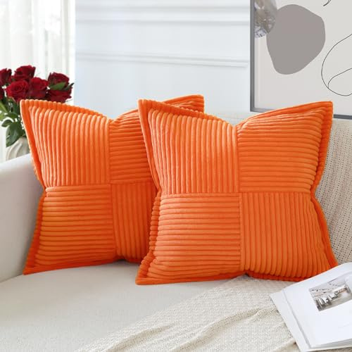 Artscope 2er Set Kordsamt Kissenbezüge Samtkissen Weich Dekokissen Dekorativ Kissenbezug Modern Kissenhülle Umwickelte Kante Sofakissen für Wohnzimmer Schlafzimmer Orange, 50x50cm